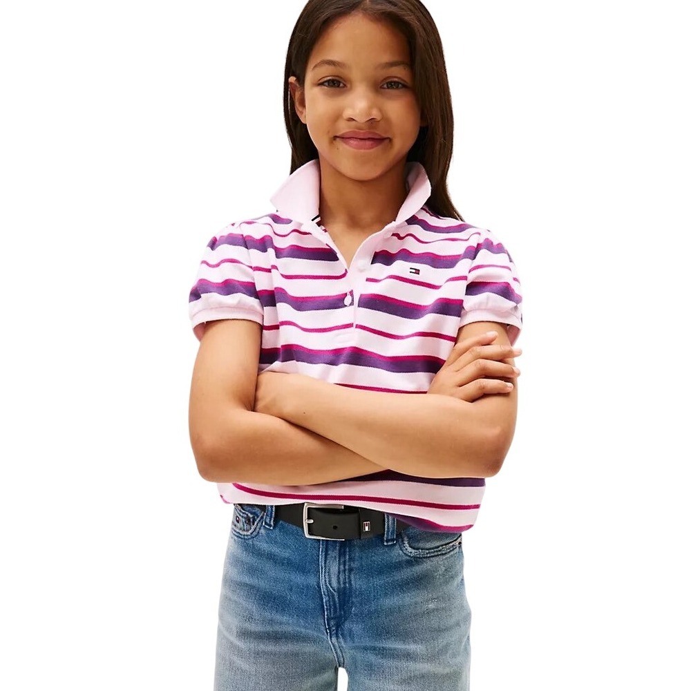 Tommy Hilfiger Girls Pink Purple Striped Puff Sleeve Polo Shirt Size M 8-10